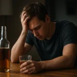 Mladý muž smúti nad pohárom alkoholu v tme.