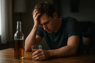 Mladý muž smúti nad pohárom alkoholu v tme.