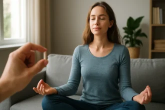 Žena medituje a pripravuje sa na suplementáciu GABA aminokyselinou.