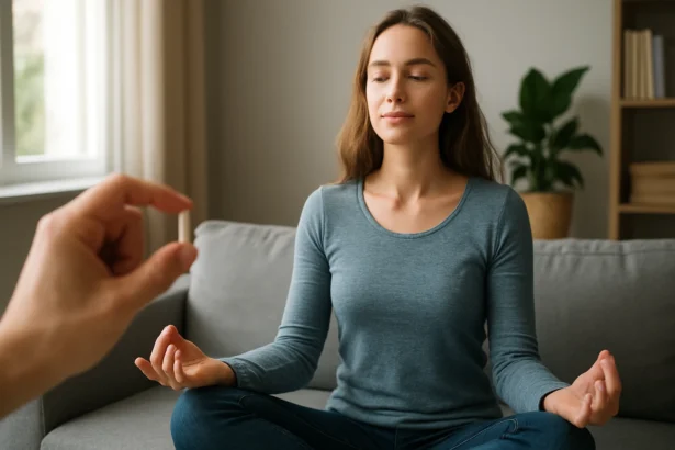 Žena medituje a pripravuje sa na suplementáciu GABA aminokyselinou.