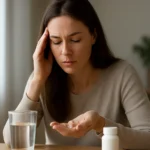 Žena s bolesťou hlavy berie mio-inozitolový doplnok.