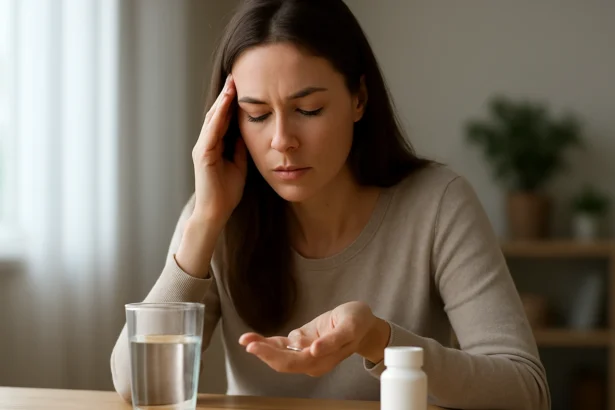 Žena s bolesťou hlavy berie mio-inozitolový doplnok.