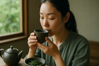 Žena vychutnávajúca si japonský zelený čaj z keramického hrnčeka