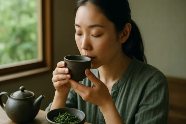 Žena vychutnávajúca si japonský zelený čaj z keramického hrnčeka