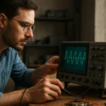 Muž skúma osciloskop zobrazujúci vlnovú formu signálu.