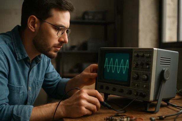 Muž skúma osciloskop zobrazujúci vlnovú formu signálu.