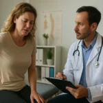 Žena trpiaca bolesťou chrbta počas lekárskeho vyšetrenia.