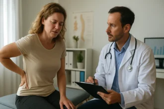 Žena trpiaca bolesťou chrbta počas lekárskeho vyšetrenia.