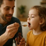 Dieťa dostáva rybí tuk od otca pre lepšie zdravie.