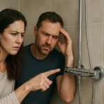 Pohľad na pár rozrušený problémom s termostatickou batériou.