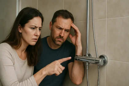 Pohľad na pár rozrušený problémom s termostatickou batériou.