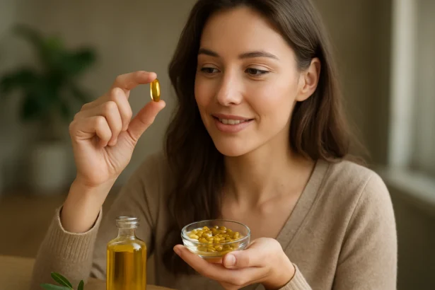 Žena s kapsulou vitamínu E a olejom pre zdravie a vitalitu.