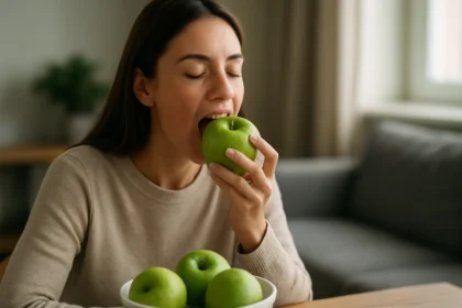 Žena si vychutnáva Granny Smith jablko pri stole s miskou ovocia.