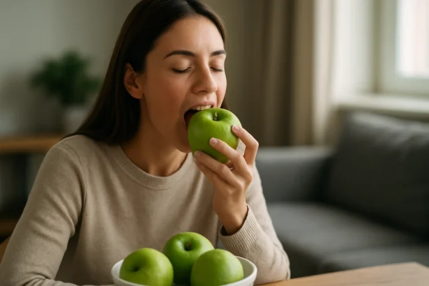 Žena si vychutnáva Granny Smith jablko pri stole s miskou ovocia.