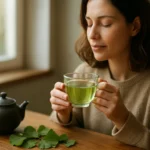 Žena vychutnávajúca si ginkgo čaj pre lepšiu pamäť a sústredenie