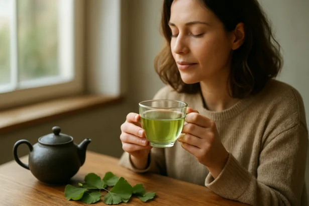 Žena vychutnávajúca si ginkgo čaj pre lepšiu pamäť a sústredenie
