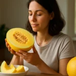 Žena skúma žltý melón, ktorý je bohatý na vitamíny a antioxidanty.