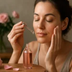 Žena aplikuje ružový olej na svoju pokožku pre zdravie a krásu.