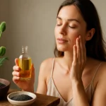 Žena s makovým olejom na tvári a semenami maku v pozadí.