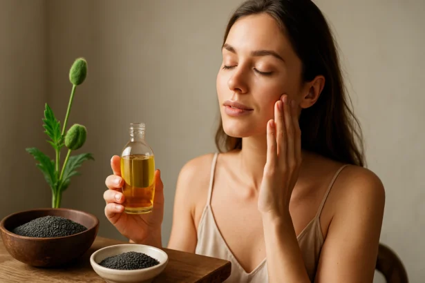 Žena s makovým olejom na tvári a semenami maku v pozadí.