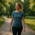 Žena chodiaca po parku, symbolizujúca zdravý životný štýl.