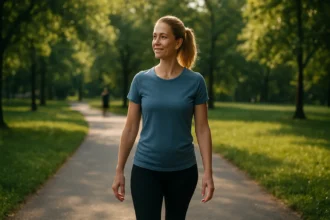 Žena chodiaca po parku, symbolizujúca zdravý životný štýl.