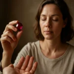 Žena meditujúca s rubínom, istí sa emocionálnej a duchovnej transformácie.