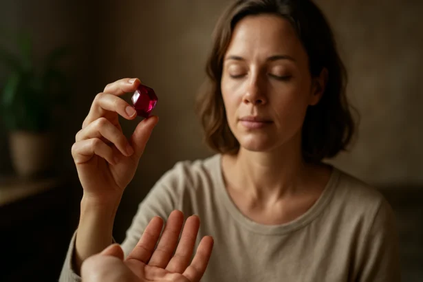 Žena meditujúca s rubínom, istí sa emocionálnej a duchovnej transformácie.