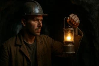 Baník s baníckou lampou v tmavom tuneli