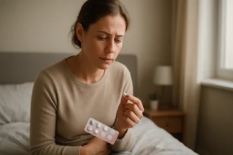 Žena premýšľa o užívaní Klion D 100 vaginálnych tabliet na intímne zdravie.