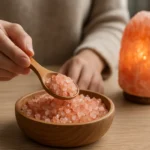 Himalájska soľ v drevenej mise so svetlom z himalájskeho soľného bloku