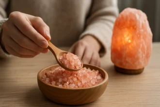 Himalájska soľ v drevenej mise so svetlom z himalájskeho soľného bloku