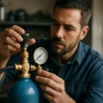 Muž nastavuje tlakový regulátor na fľaši s plynom.