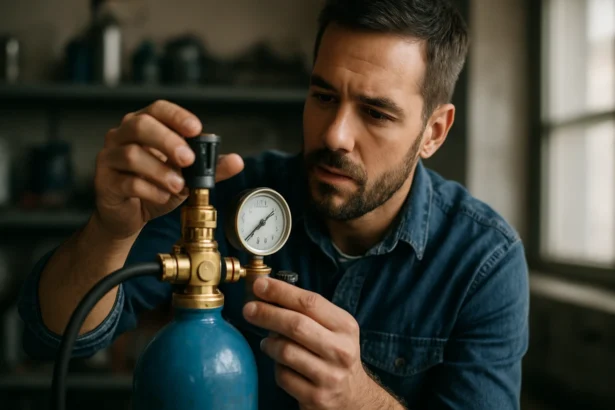 Muž nastavuje tlakový regulátor na fľaši s plynom.