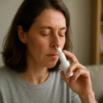 Žena používa nosový sprej na liečbu alergie.
