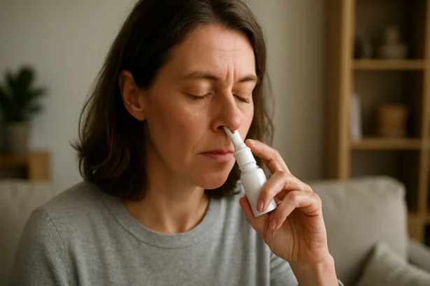Žena používa nosový sprej na liečbu alergie.
