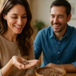 Žena ukazuje na semienka pred šťastným mužom v interiéri