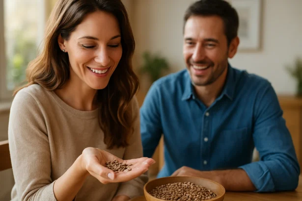 Žena ukazuje na semienka pred šťastným mužom v interiéri