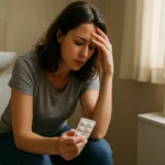 Žena so zdravotnými problémami sedí na toalete a premýšľa o lieku Imodium.