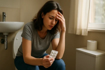 Žena so zdravotnými problémami sedí na toalete a premýšľa o lieku Imodium.