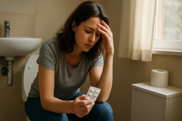 Žena so zdravotnými problémami sedí na toalete a premýšľa o lieku Imodium.