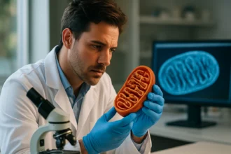 Vedec skúma model mitochondrie v laboratóriu.