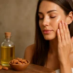 Žena si nanáša mandľový olej na pleť s jemným úsmevom.