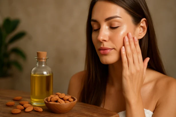 Žena si nanáša mandľový olej na pleť s jemným úsmevom.