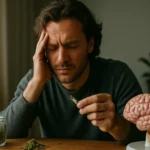 Muž so zmiešanými pocitmi drží marihuanový joint a cíti úzkosť, vedľa maketa mozgu.