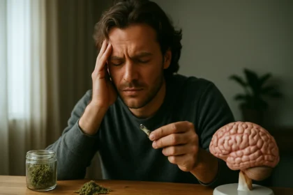 Muž so zmiešanými pocitmi drží marihuanový joint a cíti úzkosť, vedľa maketa mozgu.