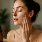 Žena aplikuje pleťový produkt na svoju tvár.