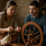 Žena učí muža pradenie na kolovrate v historickej dielni.