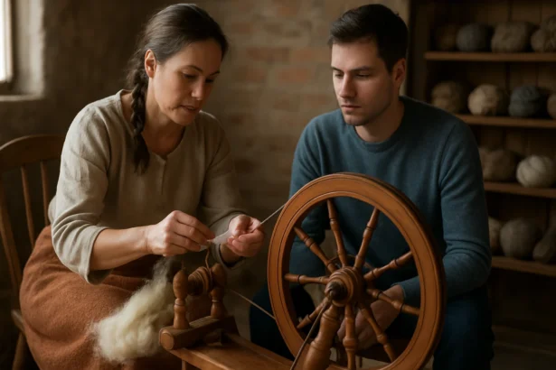 Žena učí muža pradenie na kolovrate v historickej dielni.