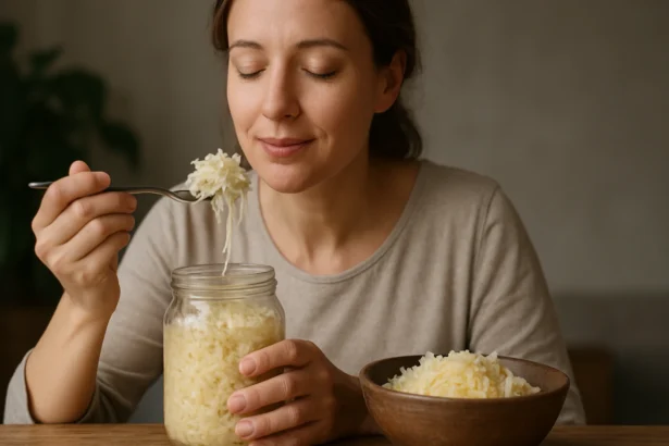 Žena si vychutnáva kyslú kapustu z pohára a misky.